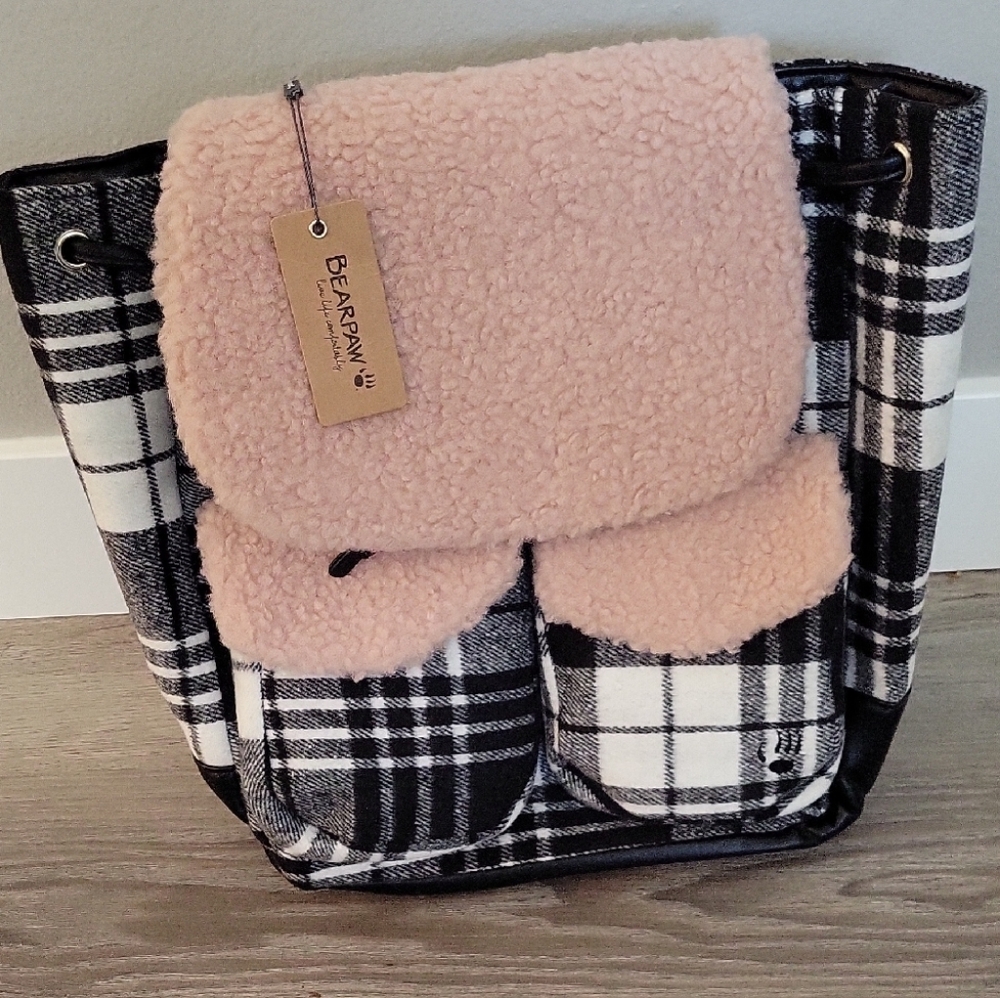NWT BearPaw Black and Pink Plaid Wool Backpack